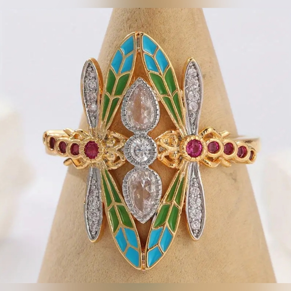 Art Deco style Dragonfly ring, multi color CZ's, Sz.9.5